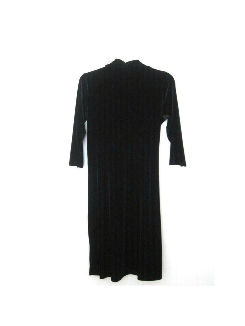 George Simonton Black Velvet Ruched Midi Dress Medium LBD V-neck 3/4 Sleeves - Picture 7 of 10